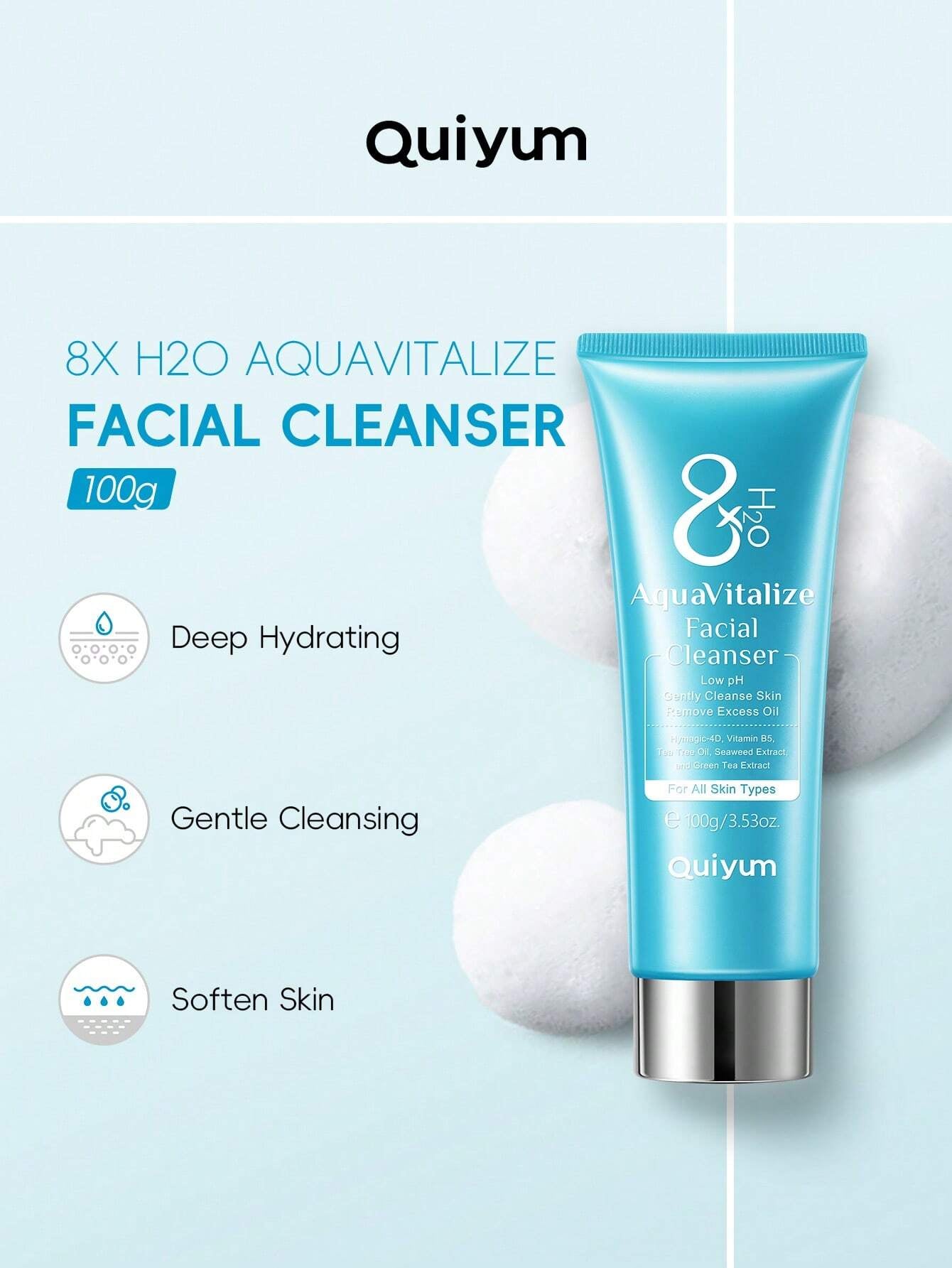 1 Pc Purify Pores QUIYUM 8X H2O Aquavitalize Facial,100G for Daily Use Oil Control Moisturizing Cleanser Brightening Face Wash for Women All Skin Types for Women, Mom, Wife, Sister, Teen, Girl Friend