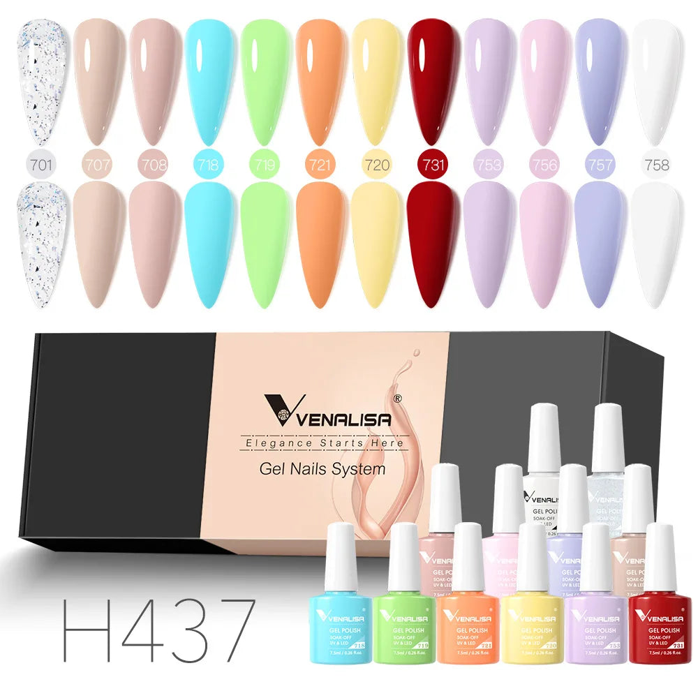 12pcs/kit Rubber Base Coat Jelly Semi Permanent Venalisa Gel Nail Polish Gorgeous Color Soak Off UV LED Branded Box VIP Gift