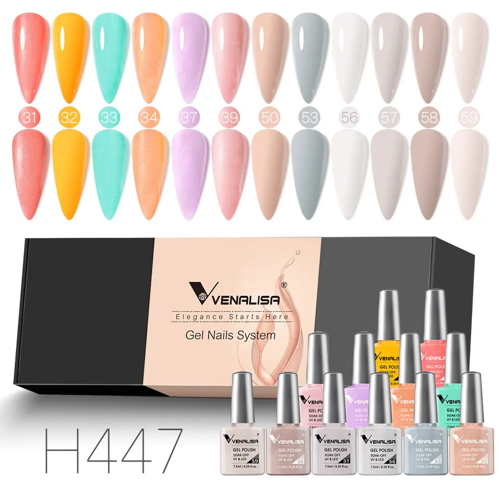 12pcs/kit Rubber Base Coat Jelly Semi Permanent Venalisa Gel Nail Polish Gorgeous Color Soak Off UV LED Branded Box VIP Gift