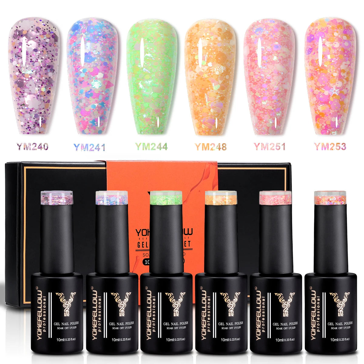 YOKEFELLOW 6Pcs Gel Nail Polish Set 10ML Summer Glitter Gel Polish Macaron Rainbow Colors 2024 Gel Polish Kit Trendy Nail Art