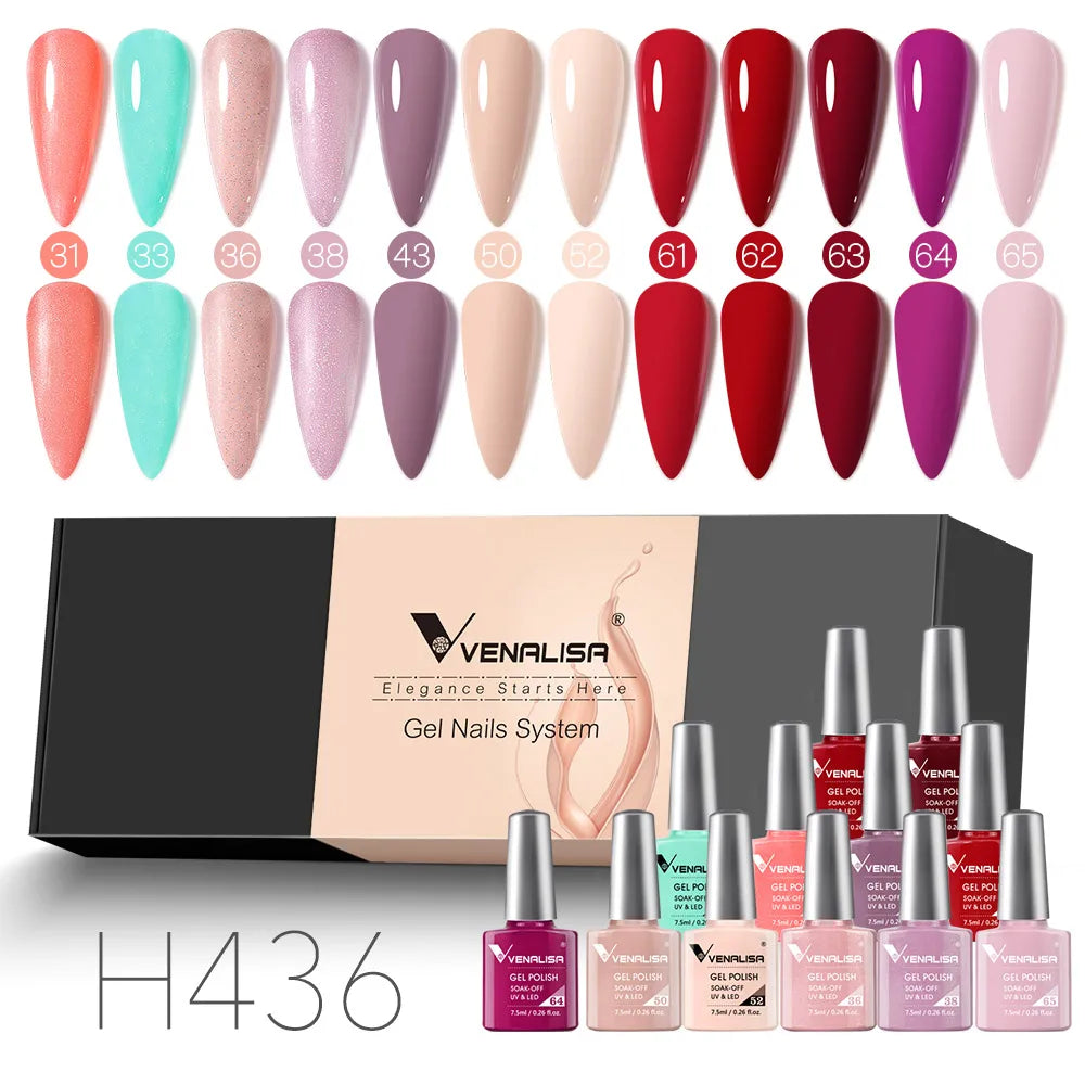 12pcs/kit Rubber Base Coat Jelly Semi Permanent Venalisa Gel Nail Polish Gorgeous Color Soak Off UV LED Branded Box VIP Gift