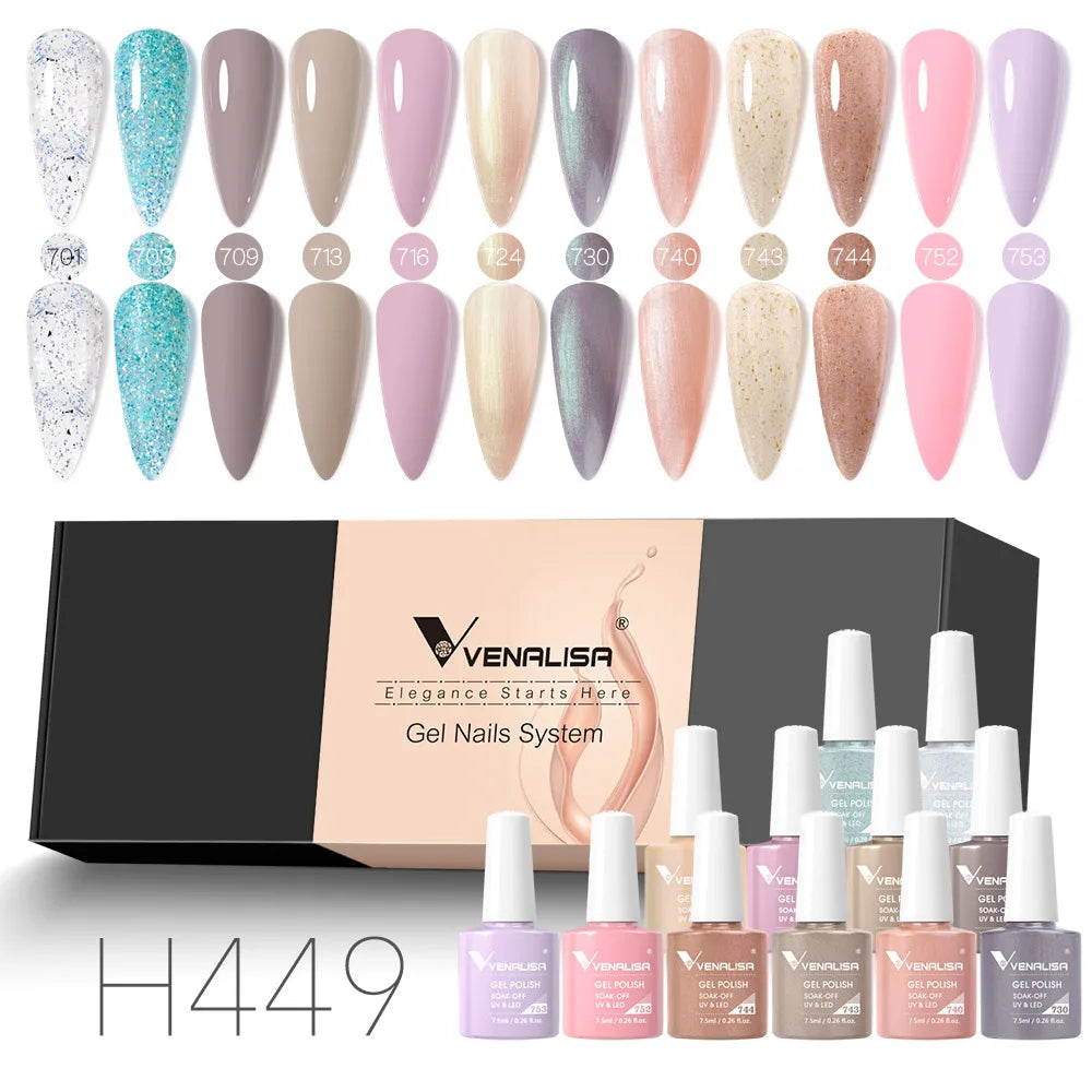 12pcs/kit Rubber Base Coat Jelly Semi Permanent Venalisa Gel Nail Polish Gorgeous Color Soak Off UV LED Branded Box VIP Gift
