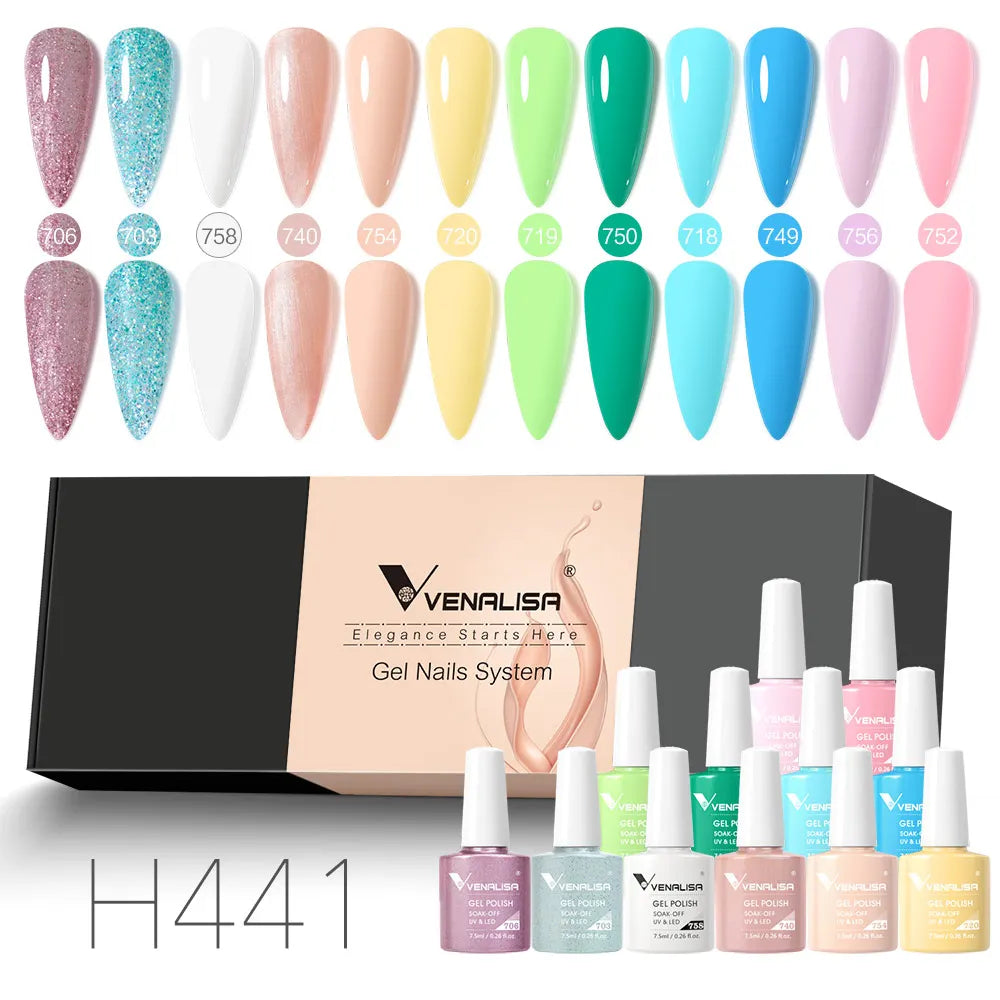 12pcs/kit Rubber Base Coat Jelly Semi Permanent Venalisa Gel Nail Polish Gorgeous Color Soak Off UV LED Branded Box VIP Gift