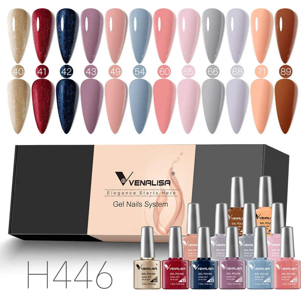 12pcs/kit Rubber Base Coat Jelly Semi Permanent Venalisa Gel Nail Polish Gorgeous Color Soak Off UV LED Branded Box VIP Gift