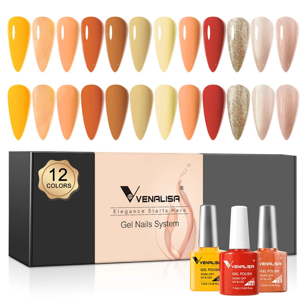 12pcs/kit Rubber Base Coat Jelly Semi Permanent Venalisa Gel Nail Polish Gorgeous Color Soak Off UV LED Branded Box VIP Gift