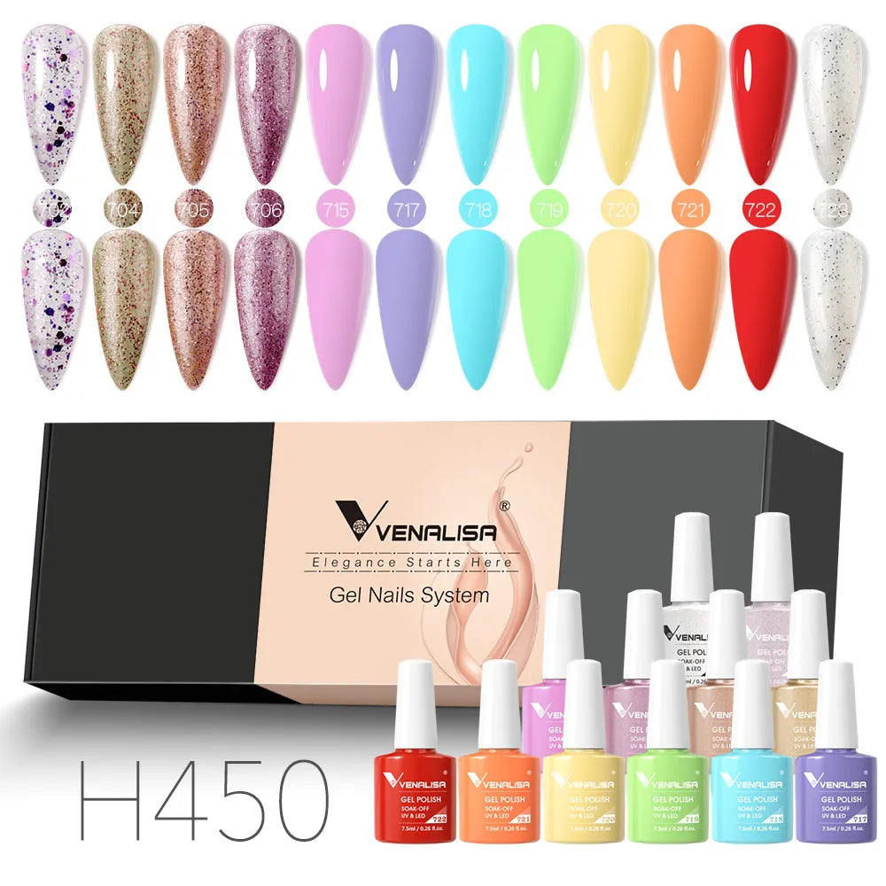 12pcs/kit Rubber Base Coat Jelly Semi Permanent Venalisa Gel Nail Polish Gorgeous Color Soak Off UV LED Branded Box VIP Gift