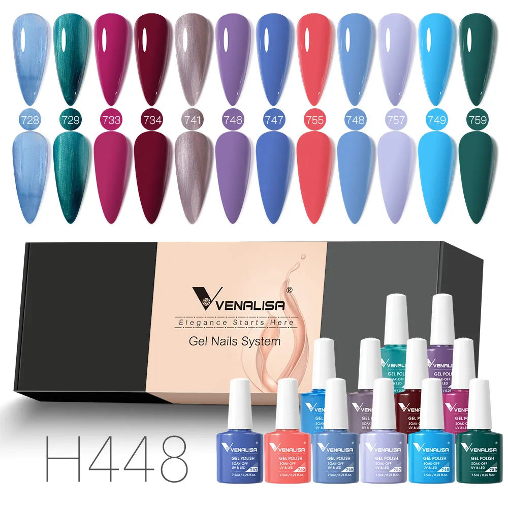 12pcs/kit Rubber Base Coat Jelly Semi Permanent Venalisa Gel Nail Polish Gorgeous Color Soak Off UV LED Branded Box VIP Gift