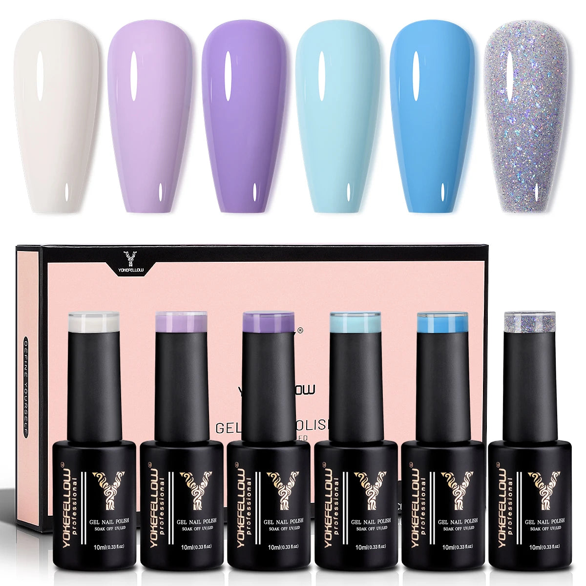 YOKEFELLOW 6Pcs Gel Nail Polish Set 10ML Summer Glitter Gel Polish Macaron Rainbow Colors 2024 Gel Polish Kit Trendy Nail Art