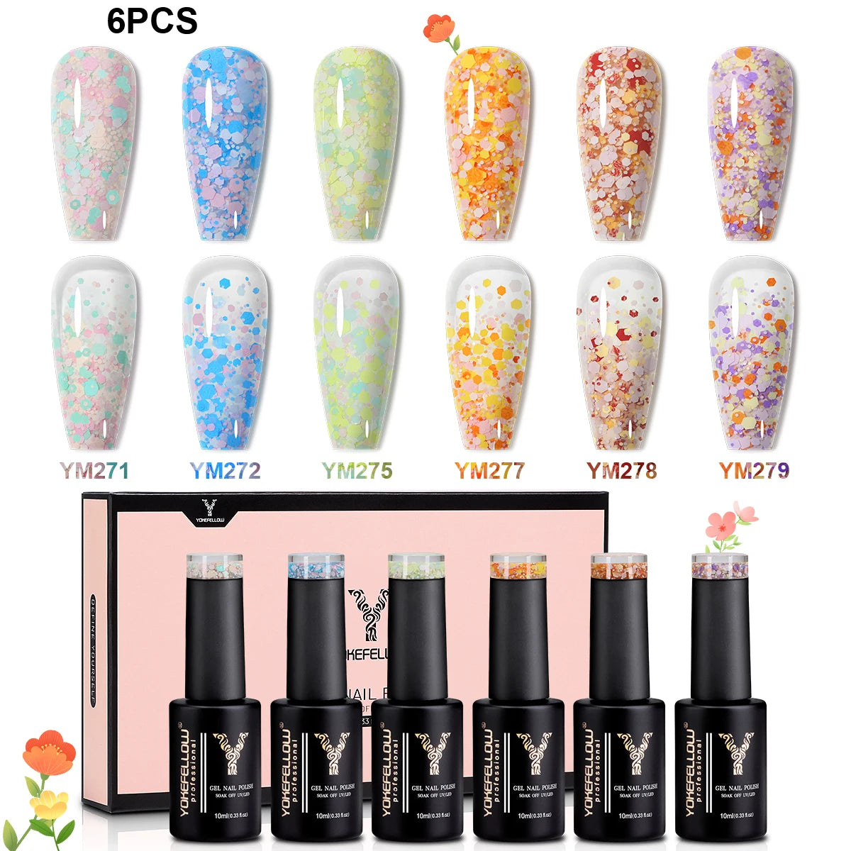 YOKEFELLOW 6Pcs Gel Nail Polish Set 10ML Summer Glitter Gel Polish Macaron Rainbow Colors 2024 Gel Polish Kit Trendy Nail Art