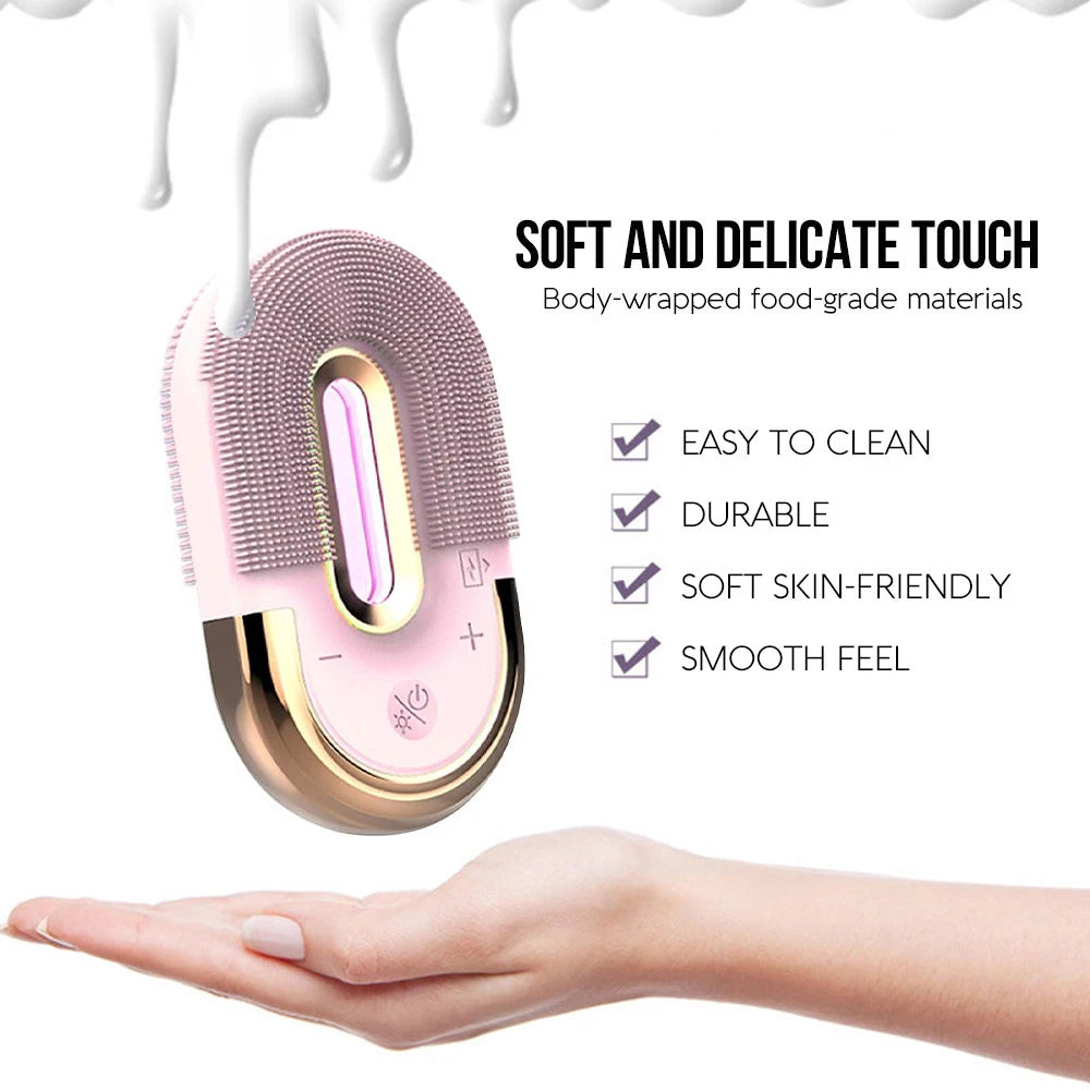 Electric Facial Cleansing Brush Silicone Sonic Face Cleaner Deep Pore Cleaning Skin Massager Face Cleansing Brush EMS Color Ligh