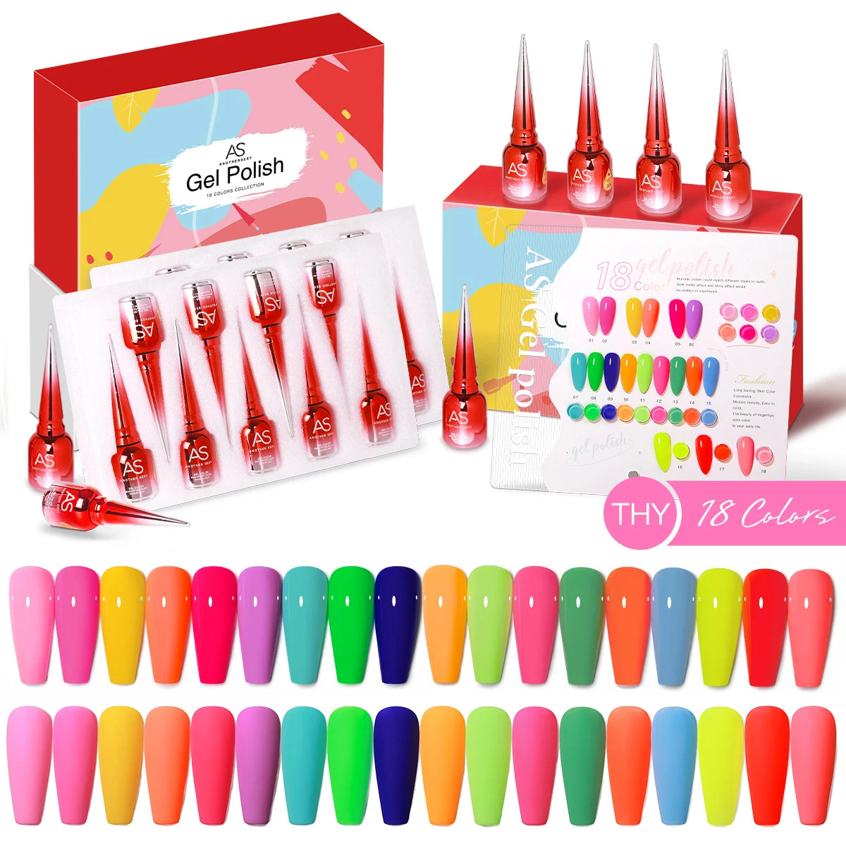 AS 18pcs Fluorescent Neon Red Pink Colors Gel Nail Polish Set