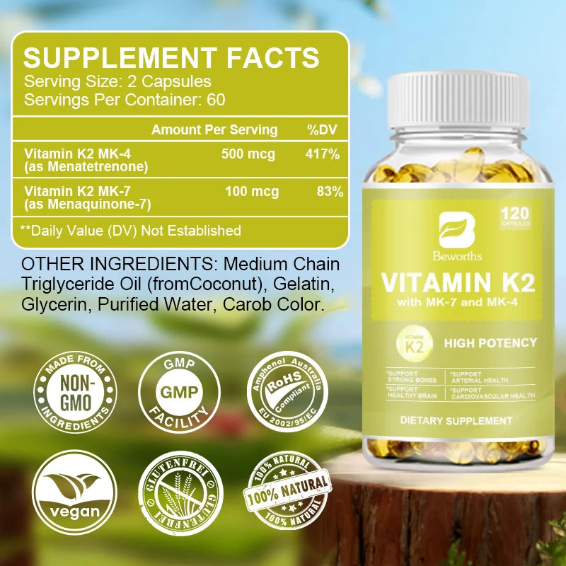 BEWORTHS Vitamin K2 Capsules Support Healthy Bones & Arteries Healthy