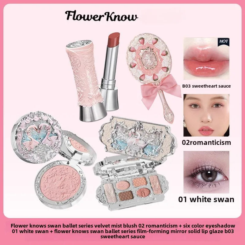 Flower Knows Makeup Sets Swan Ballet Series Gift Box Lipstick Blush Eyeshadow Palette Handheld Mirror Makeup Gift Box