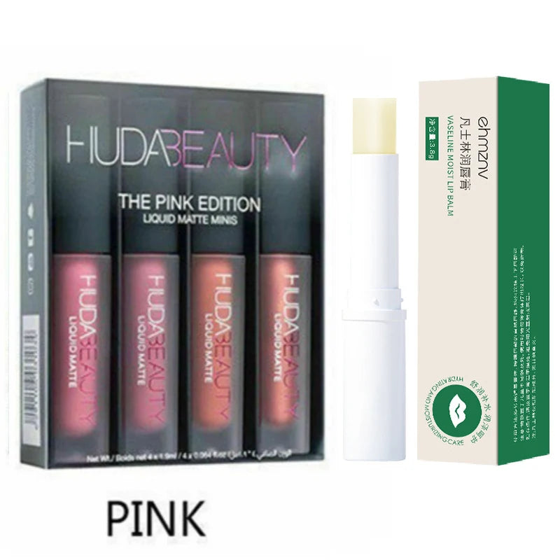4pcs Lipstick Moisturizing Balm Set Matte Lip Gloss Lip Glaze Tint Non-stick Non-Fading Lips Huda Lip Makeup Cosmetic Lip Care