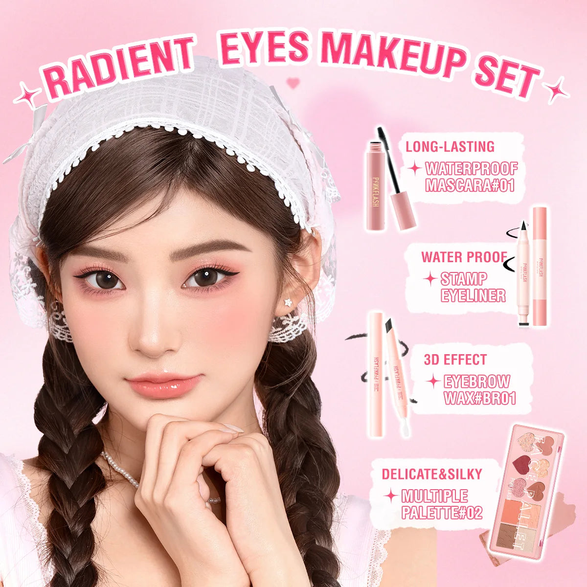 PINKFLASH 4 Pcs/Set Glitter Eyeshadow Palette Natural Eye Brow Wax Eyebrow Enhancer Waterproof Mascara Eyelash Makeup Cosmetics