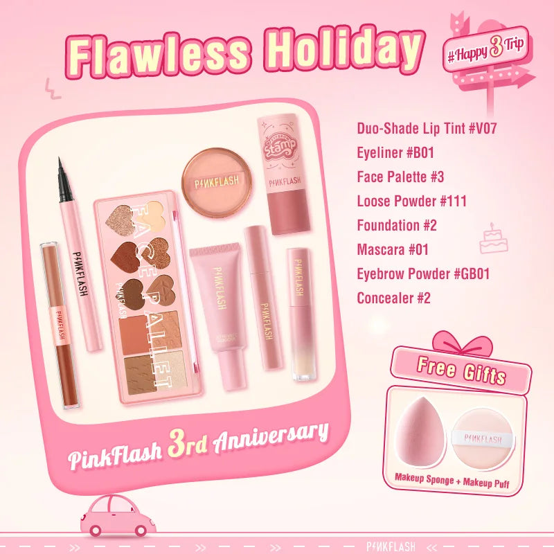 PINKFLASH 8 PCS Full Makeup Set Foundation Concealer Mascara Eyeliner Lipstick Cosmetics Kit for Women 3rd anniversary