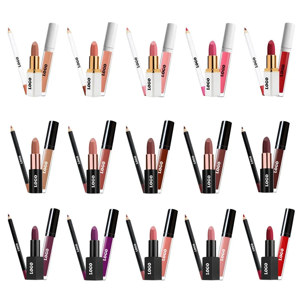 12-color Custom Logo Lipstick Lipgloss Lipliner Kit Private Label Black Square Tube Matte Waterproof Pigment Lips Makeup Vegan