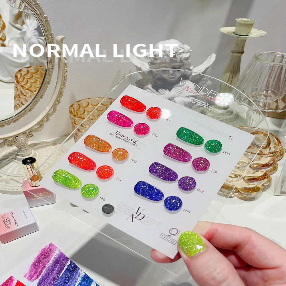 Vendeeni 15ml 9 Colors Fluorescent Glitter Sequins Nail Gel Polish Neon Color Nail Art Manicure Soak Off Enamel UV Gel Varnish