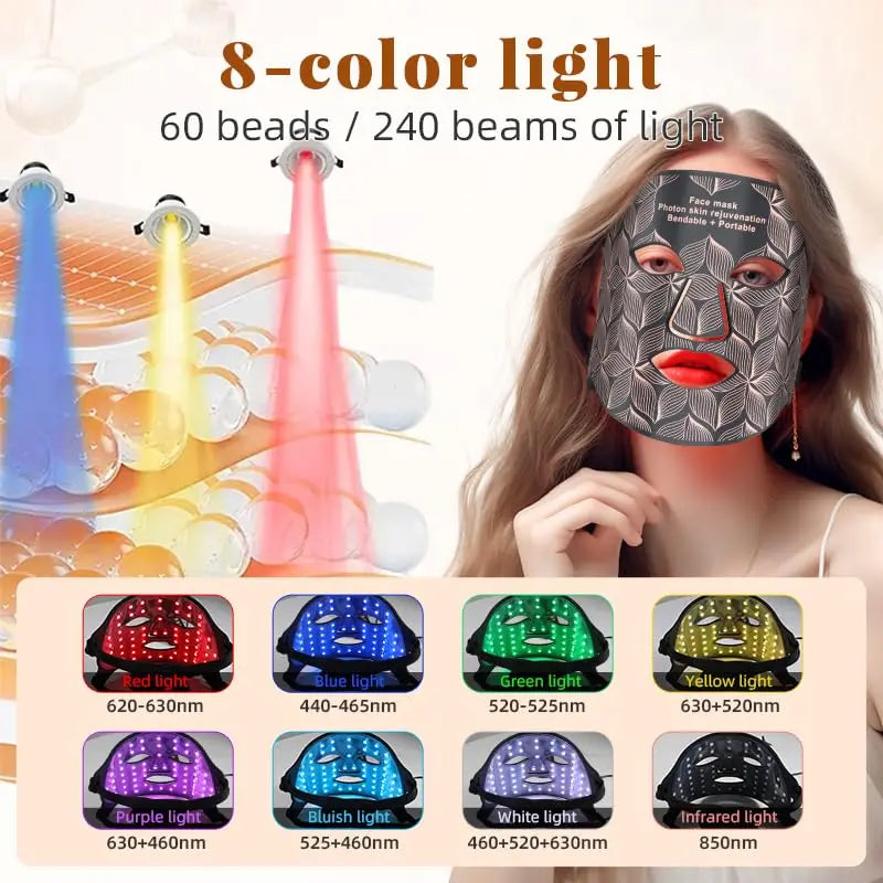 Facial LED Mask with Neck 8 Colors Red Light Near Infrared Therapy Beauty Mask Anti Aging Skin Rejuvenation Lifting Whitening