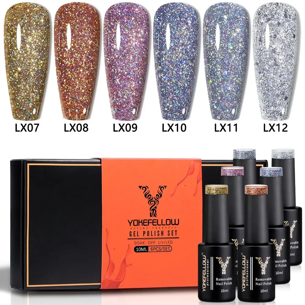 YOKEFELLOW 6Pcs Gel Nail Polish Set 10ML Summer Glitter Gel Polish Macaron Rainbow Colors 2024 Gel Polish Kit Trendy Nail Art