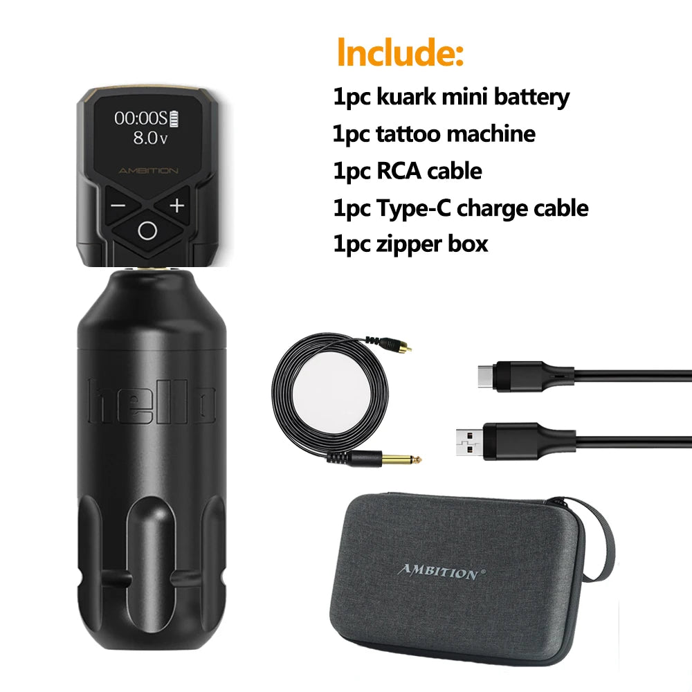 Ambition Tattoo Machine Rotary Pen Kit 2400mAh Wireless Kuark Power Supply Permanent Makeup Eyebrow Lip Tattoo Beginner Artister