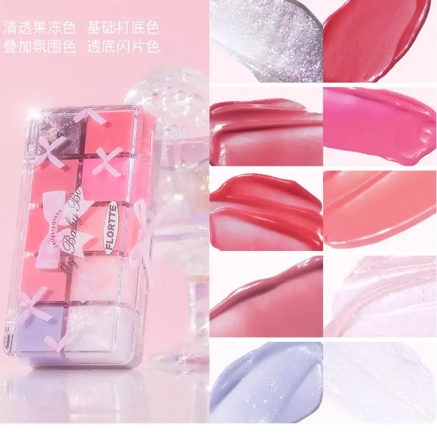FLORTTE 10 Color Lip Cream Frozen Jelly Lip gloss Palette Gift Box All In From The Peng Peng Princess Collection Makeup 6Pcs Set