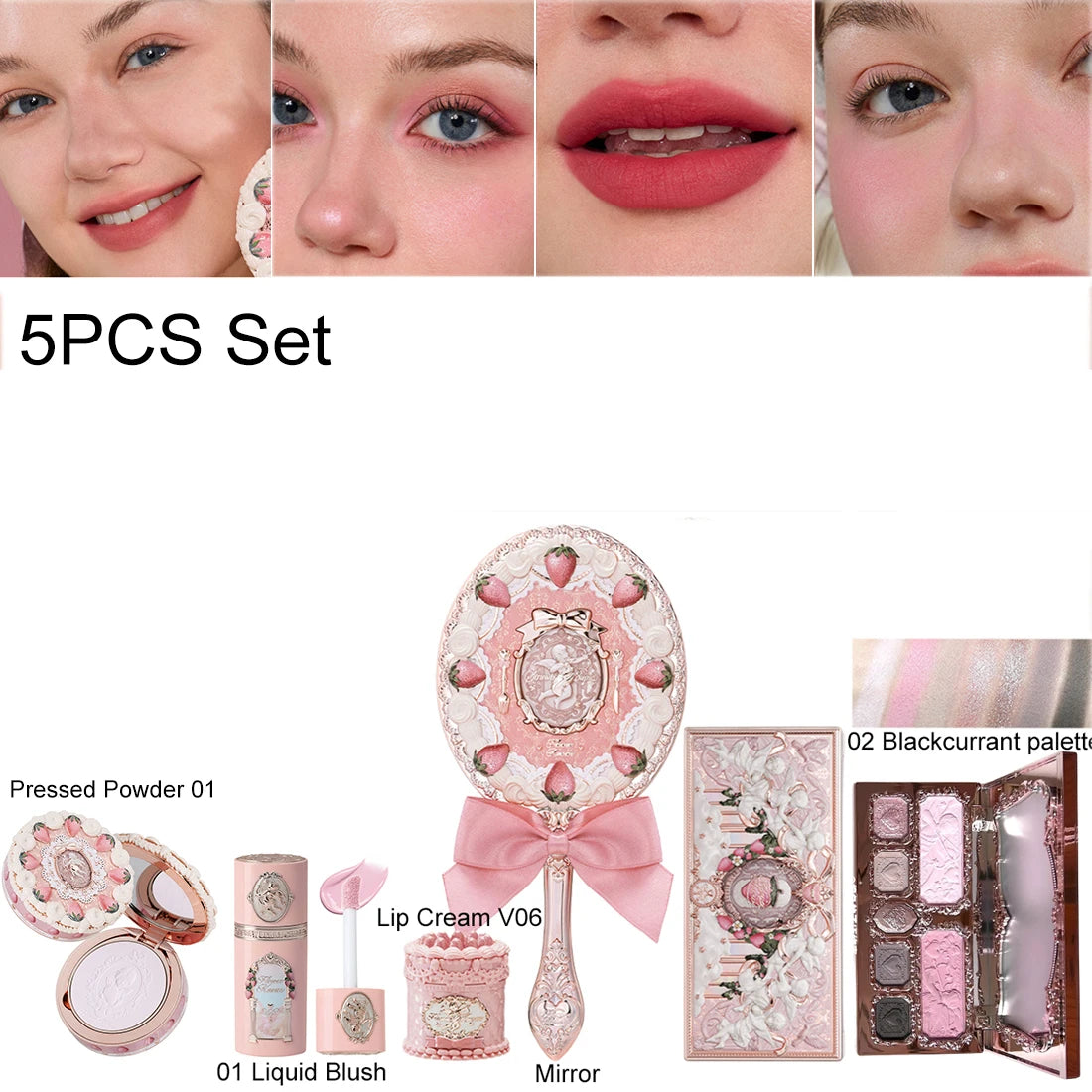 Flower Knows Strawberry Cupid Velvet Matte Lip Cream Pressed Powder Liquid Blush Set Long Lasting Lightweight Makeup