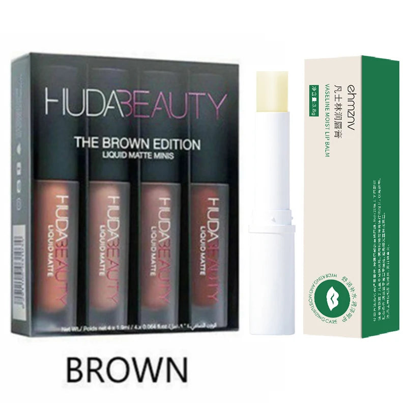 4pcs Lipstick Moisturizing Balm Set Matte Lip Gloss Lip Glaze Tint Non-stick Non-Fading Lips Huda Lip Makeup Cosmetic Lip Care