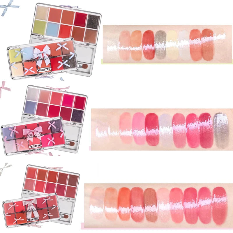 FLORTTE 10 Color Lip Cream Frozen Jelly Lip gloss Palette Gift Box All In From The Peng Peng Princess Collection Makeup 6Pcs Set