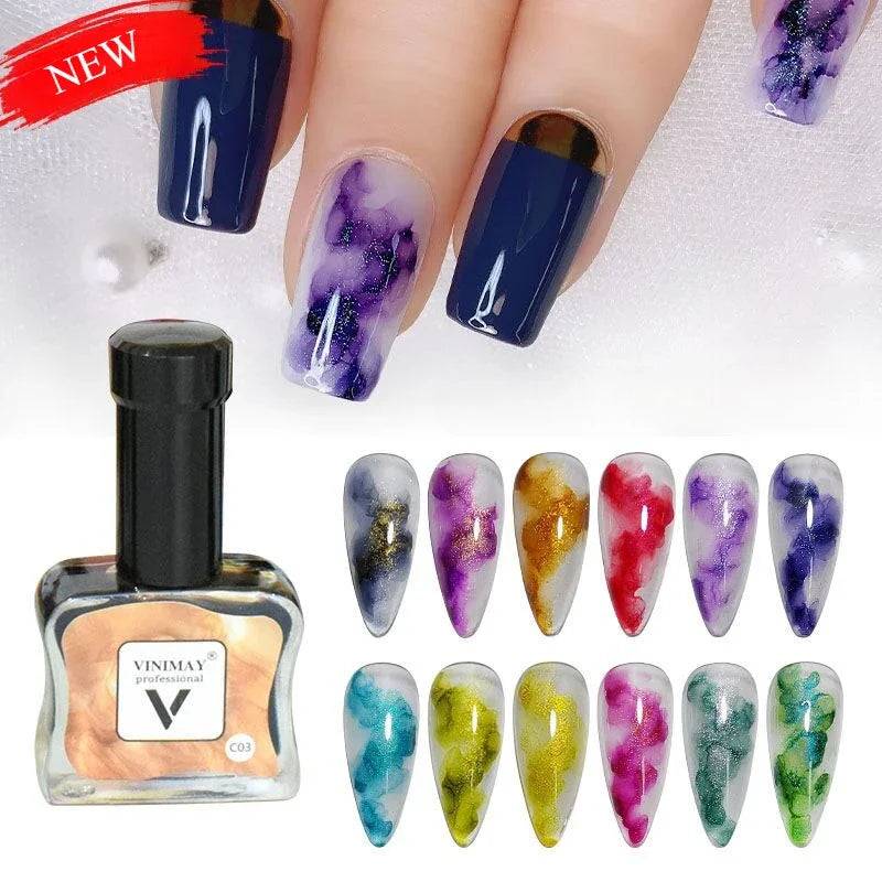 12Pcs 12ml Glitter Blooming Nail Gel Polish Marble Watercolor Ink Nail Design Smudge Spreading Air-drying Manicure Painting Gel