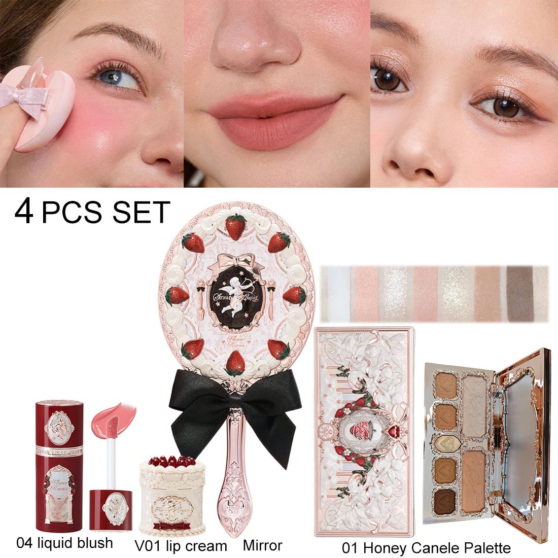 Flower Knows Strawberry Cupid Velvet Matte Lip Cream Pressed Powder Liquid Blush Set Long Lasting Lightweight Makeup