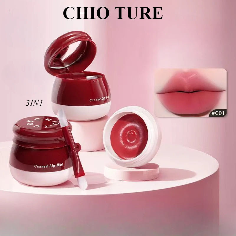 CHIOTURE Cosmetics 3IN1 Canned Lip Mud Velvet Blush Cream Matte Long Lasting Moisturizing Non Sticky Lipstick Cheeks Cute Makeup