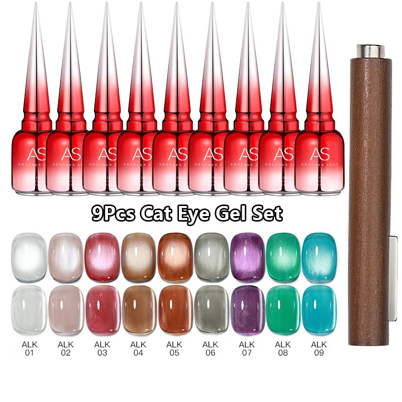 AS 9pcs Cat Eye Magnetic Moonlight Gel Nail Polish Set 15ml Sparkle White Silver Water Light Red UV Gel Nail Art Manicure