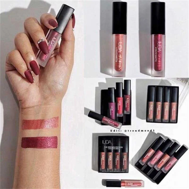 4pcs Lipstick Moisturizing Balm Set Matte Lip Gloss Lip Glaze Tint Non-stick Non-Fading Lips Huda Lip Makeup Cosmetic Lip Care