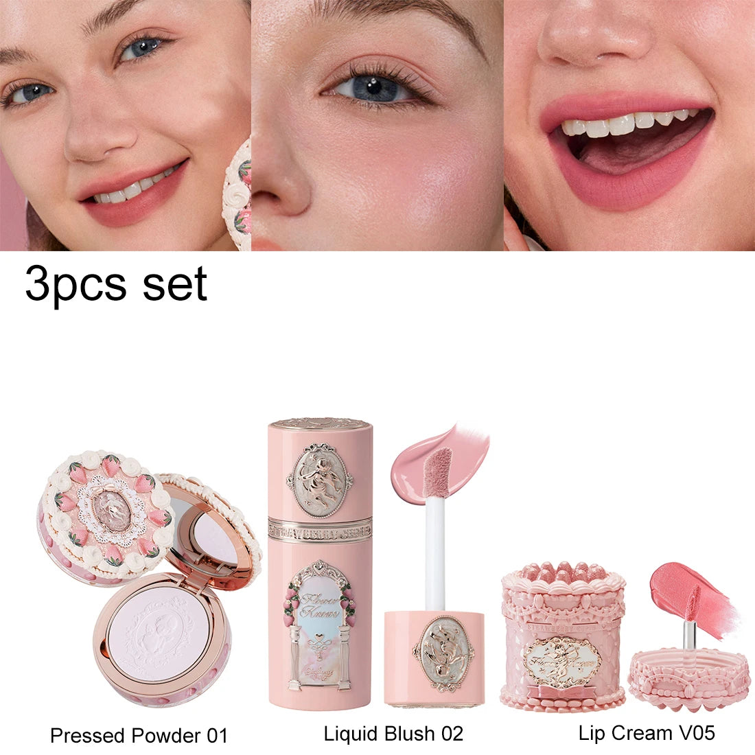 Flower Knows Strawberry Cupid Velvet Matte Lip Cream Pressed Powder Liquid Blush Set Long Lasting Lightweight Makeup