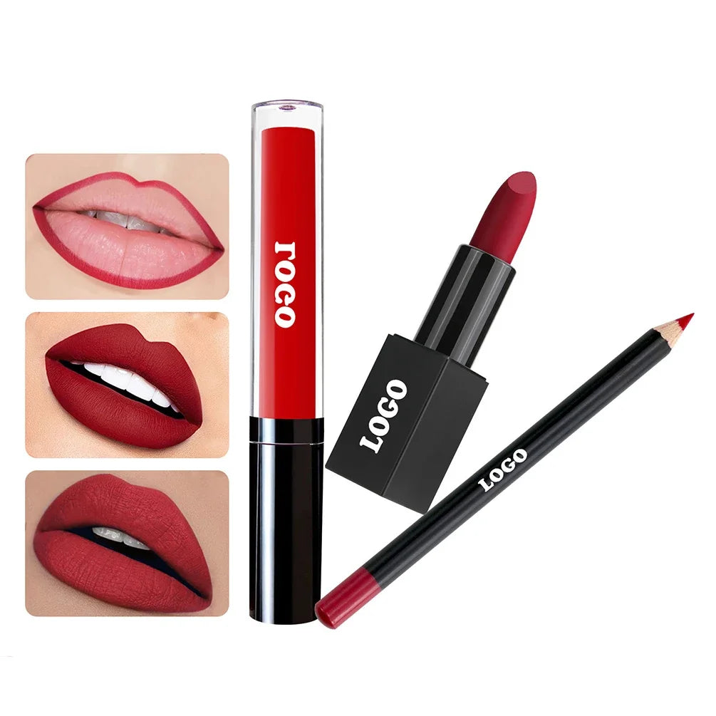 12-color Custom Logo Lipstick Lipgloss Lipliner Kit Private Label Black Square Tube Matte Waterproof Pigment Lips Makeup Vegan