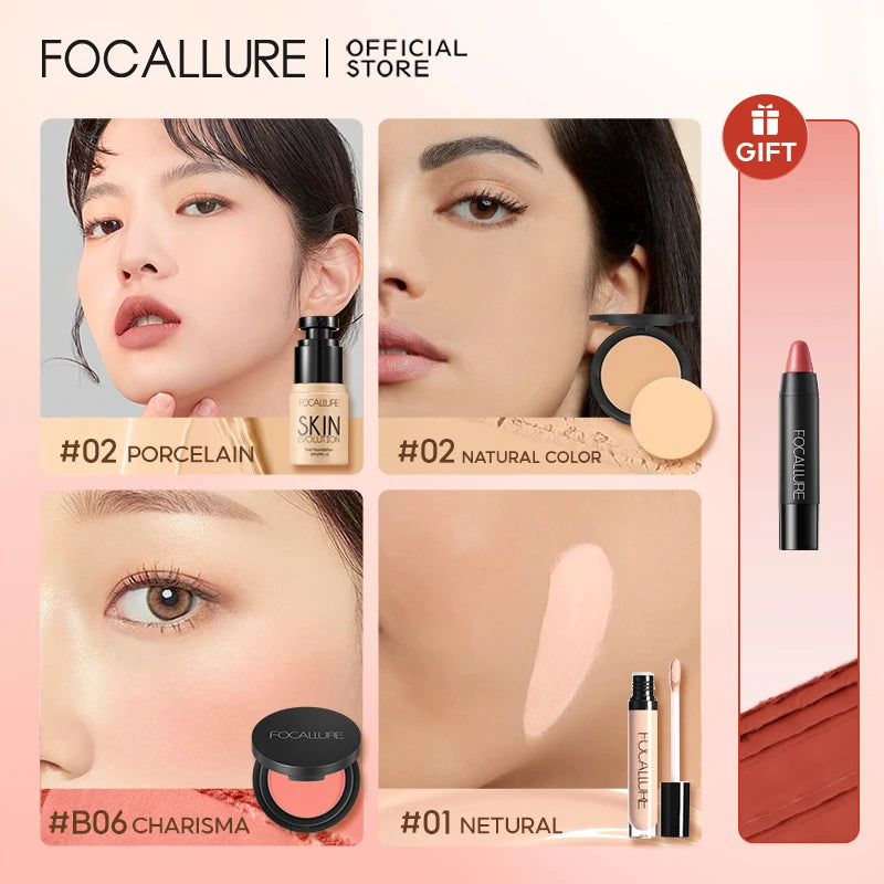 FOCALLURE 4 Pcs Makeup Set Primer Liquid Foundation Concealer Face Blush Makeup Setting Powder Base Lipstick Pen Cosmetics Kit