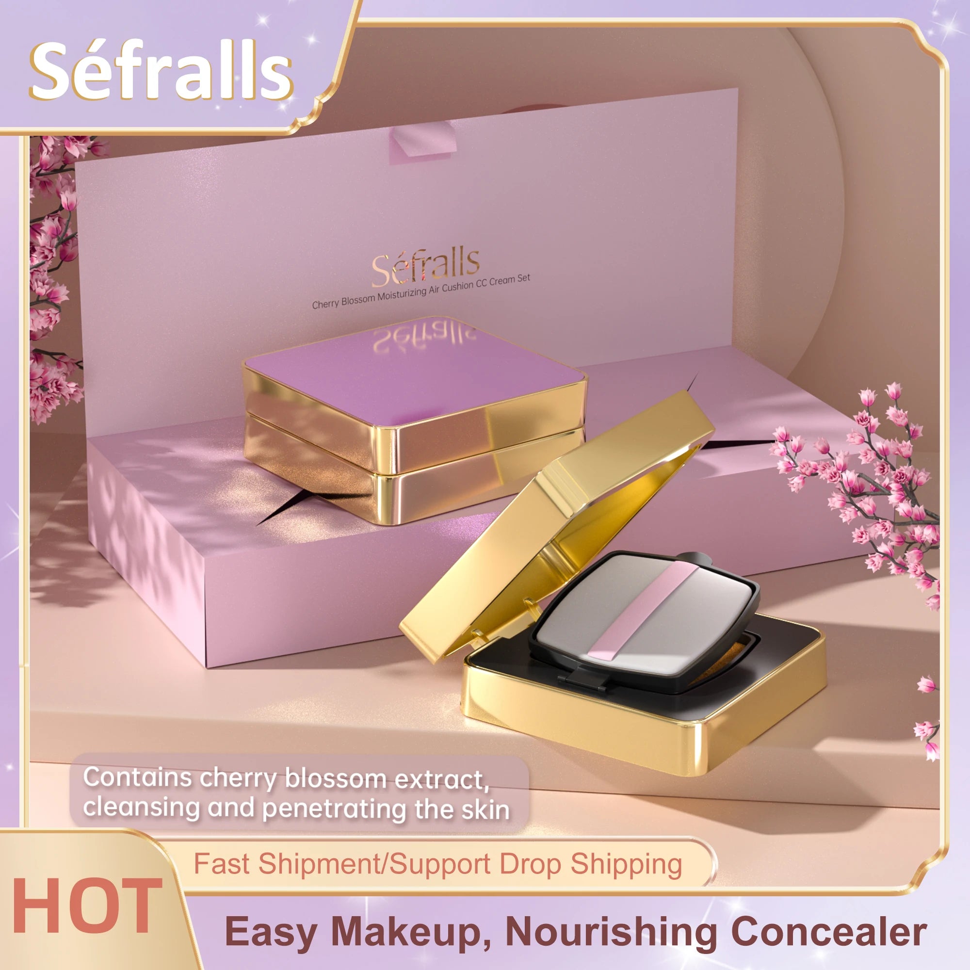 Séfralls Cherry Blossom Air Cushion CC Cream Set 12g×2 (Wheat/Copper) - Hydrating Moisturizing Foundation, Long Lasting Natural