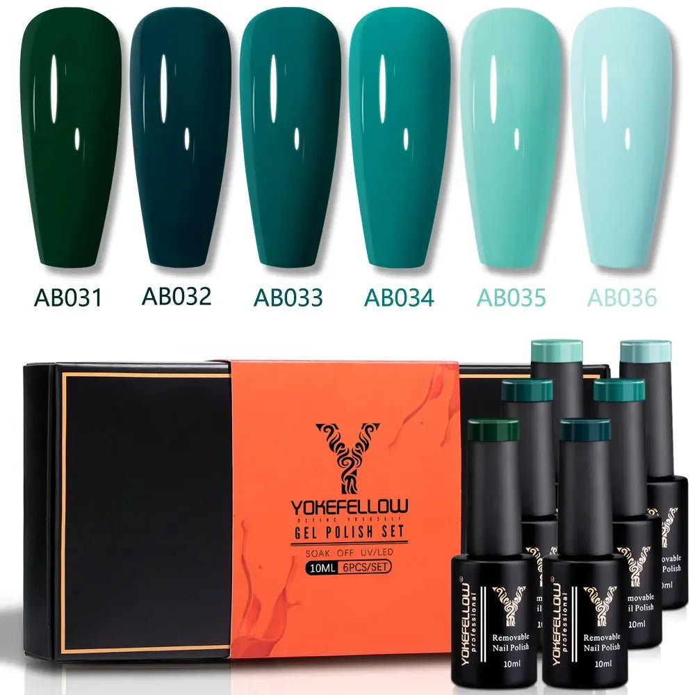 YOKEFELLOW Gel Nail Polish Set 10ml 6Pcs Green Soak Off UV LED Cure Gel Varnish for Nail Art Manicure DIY St. Patrick's Day
