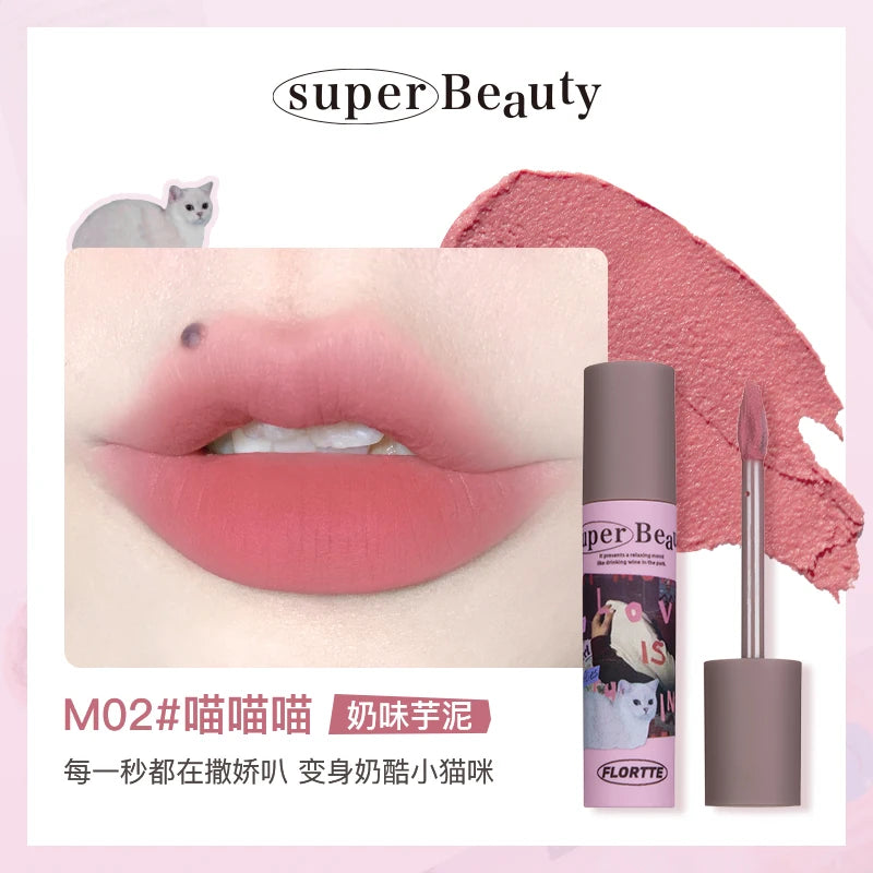 FLORTTE Matte Lipstick Velvet Lip Cream Matte Liquid Long-Lasting Wear Non-Stick Cup Not Fade Waterproof Lip Gloss