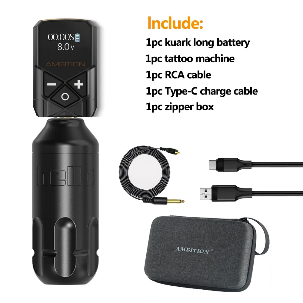 Ambition Tattoo Machine Rotary Pen Kit 2400mAh Wireless Kuark Power Supply Permanent Makeup Eyebrow Lip Tattoo Beginner Artister