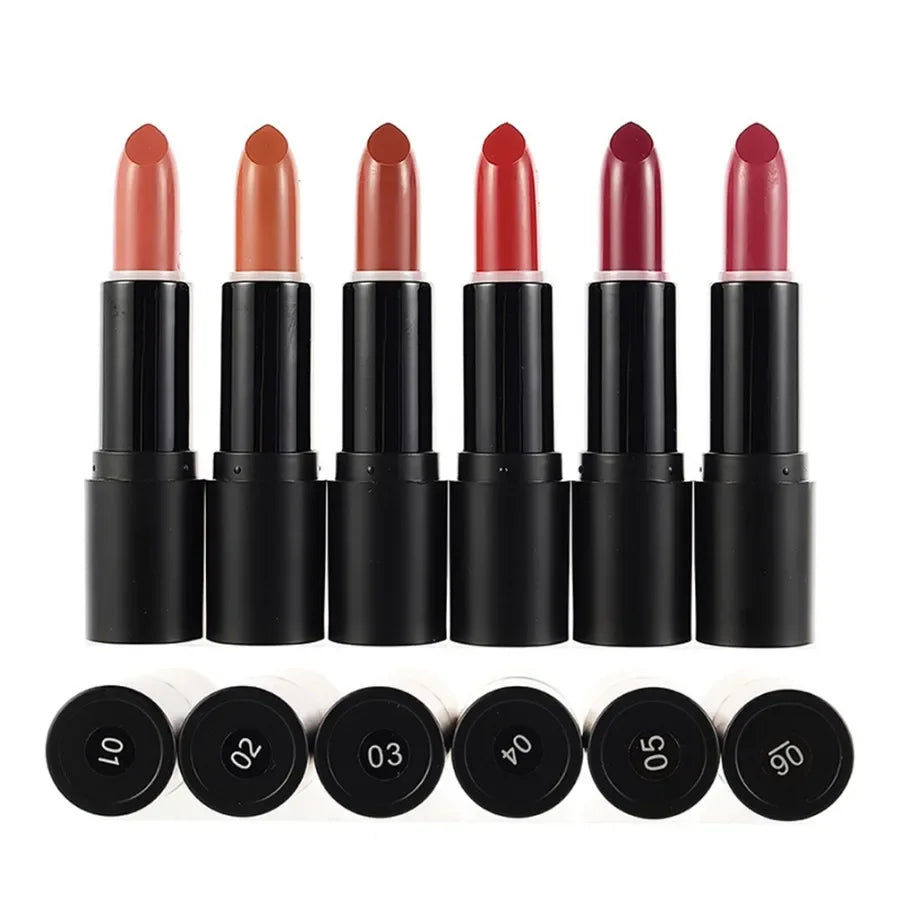 Custom 6colors Matte Black Tube Lipstick Non Stick Cup Long Lasting Waterproof Velvet Not Fading Sexy Red Lipstick Bulk Makeup