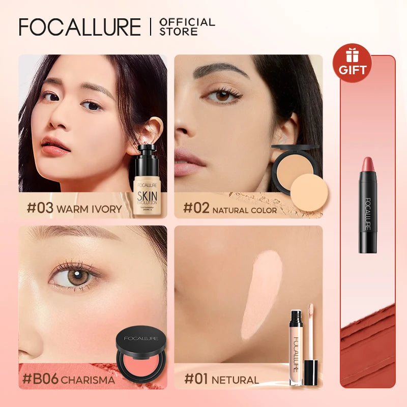 FOCALLURE 4 Pcs Makeup Set Primer Liquid Foundation Concealer Face Blush Makeup Setting Powder Base Lipstick Pen Cosmetics Kit