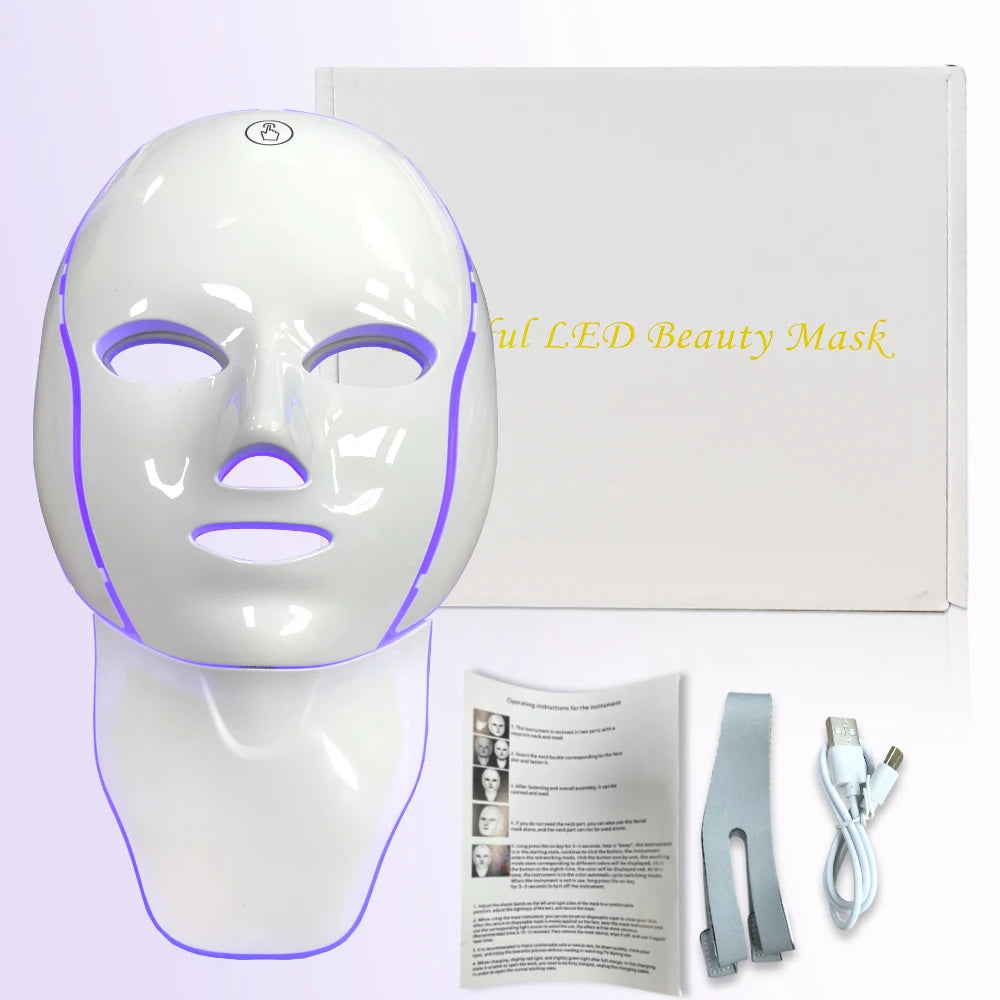 Wireless LED Face Mask with 7 Colors Red Light Therapy for Face-Neck Skin Repair USB Rechargeable Photon Mask