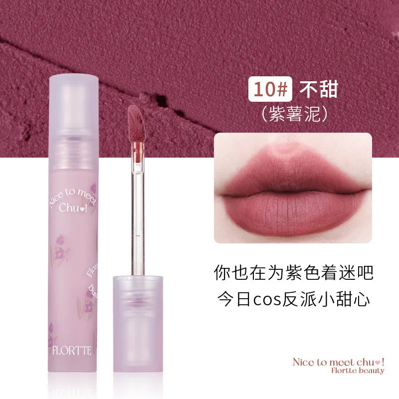 FLORTTE Matte Lip Stick Velvet Lip Glaze Velvet Korean Lipstick Maquillage Femme Long-Lasting Wear Fade Waterproof Lip Gloss