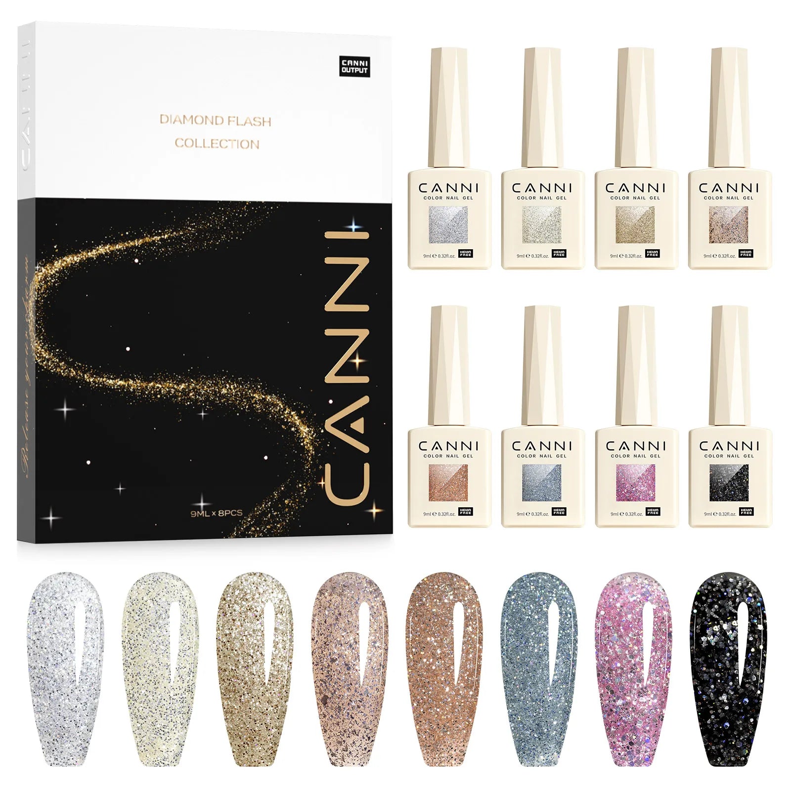 CANNI VIP Kit Hema Free Nail Gel Polish Crystal Cat Eye Sparkle Diamond Semi Permanent Soak Off UV LED Gel Varnish 9ml*8pcs