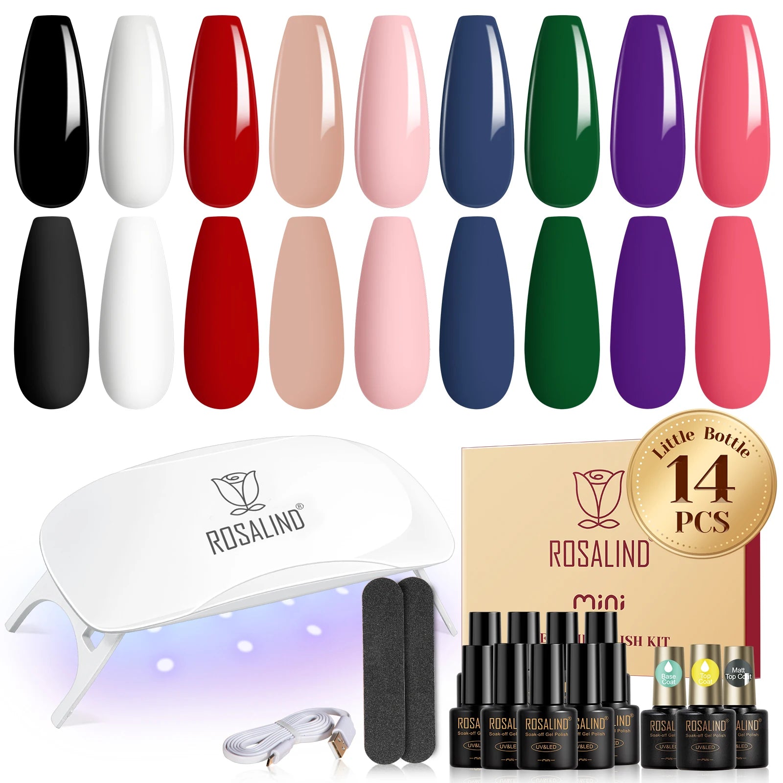 Rosalind  Classic Gel Nails Colors Mini Gel Nail Polish Kit with UV Light,  Base and Matte Glossy Gel Top Coat with Tool