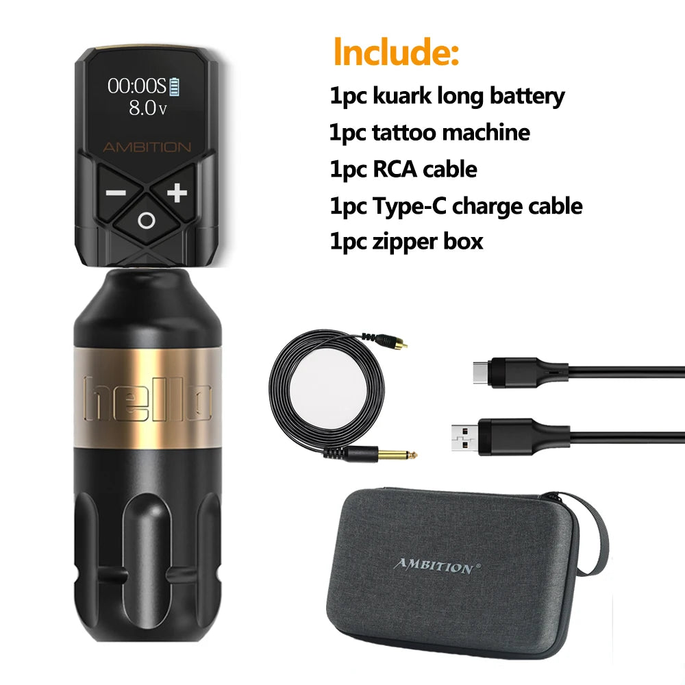 Ambition Tattoo Machine Rotary Pen Kit 2400mAh Wireless Kuark Power Supply Permanent Makeup Eyebrow Lip Tattoo Beginner Artister