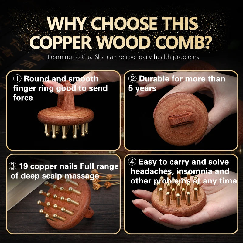 Head meridians massage comb copper wood meridians fine tooth comb needling Guasha scalp relax