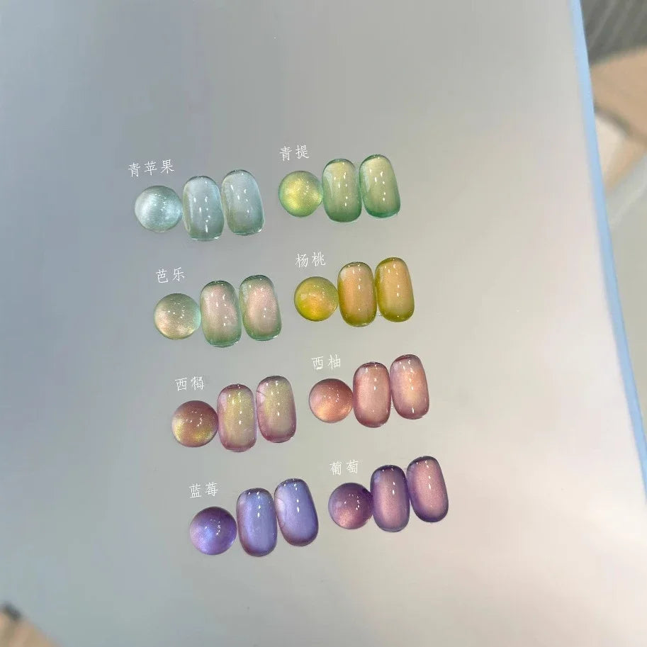 8Pcs 15ML Spring Hot Selling Fruit Cat Eye Nail Gel Polish 2025 New Whitening Guava Glass Beads Nail Polish Green Nails Art